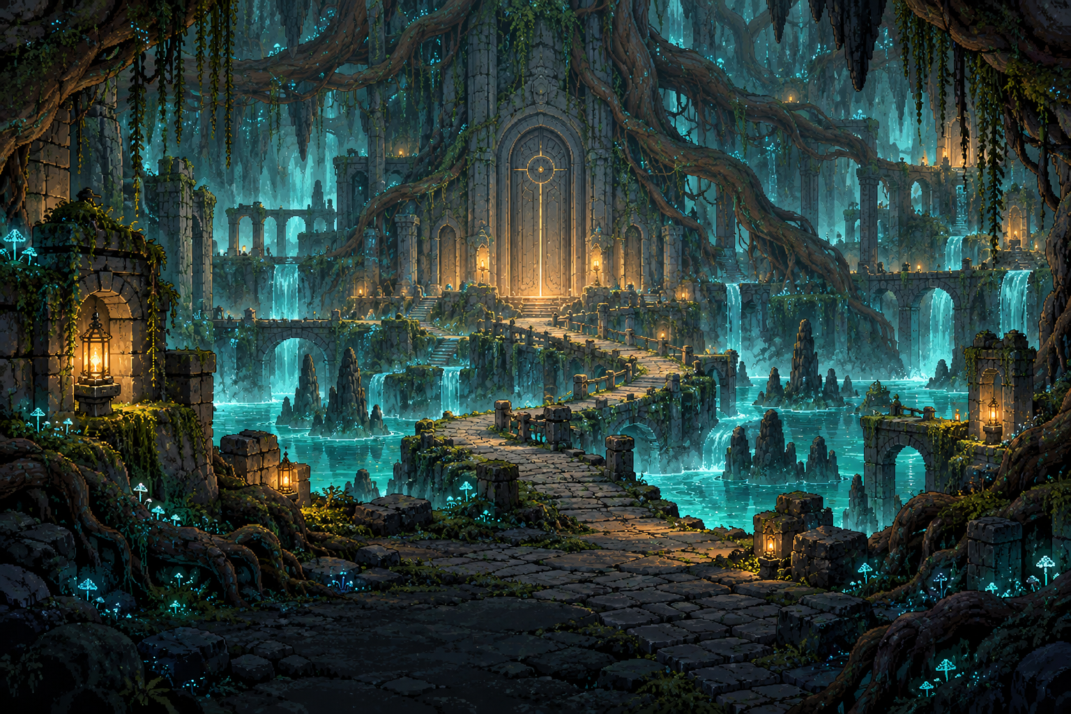 Rootdeep: glowing subterranean waters, ancient roots and a monumental stone doorway